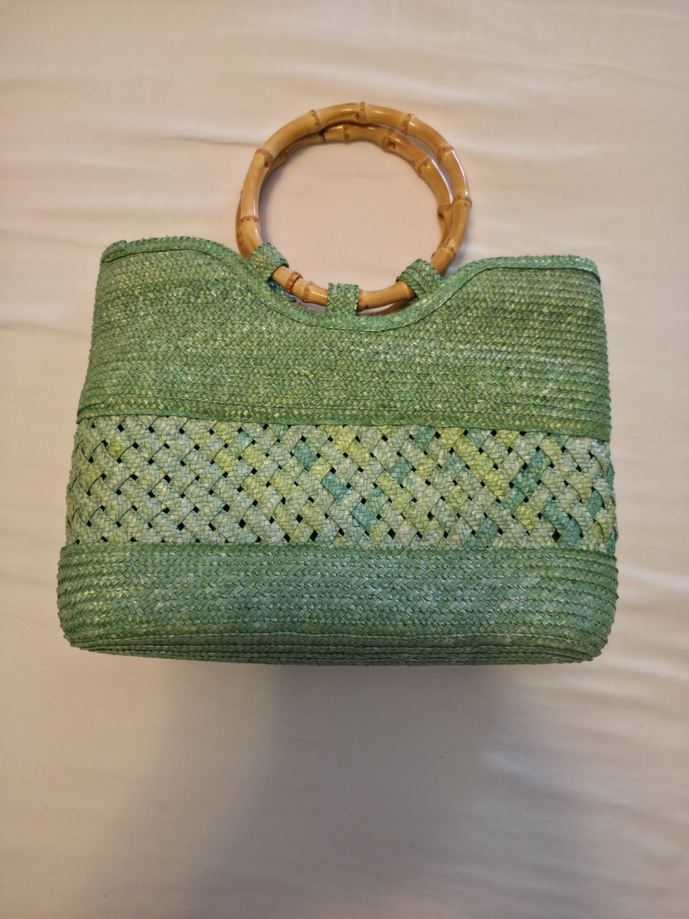 Green Woven Straw Tote with Bamboo Handles